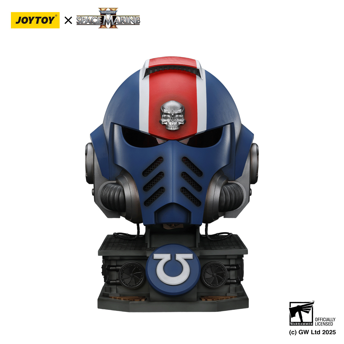 JOYTOY Warhammer 40K Space Marine 2 Ultramarines Lieutenant Titus' MkX Helmet & Display Stand figure