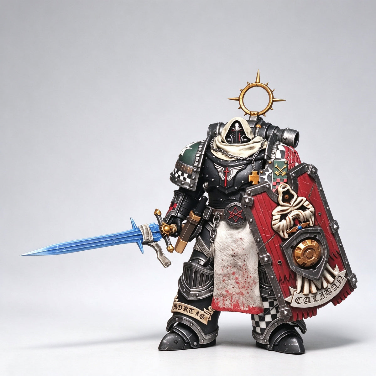 Custom 1/18 Dark Angels Calibanite Knight Veteran (Dual Flame/Ice Power Swords & Relic Shield)
