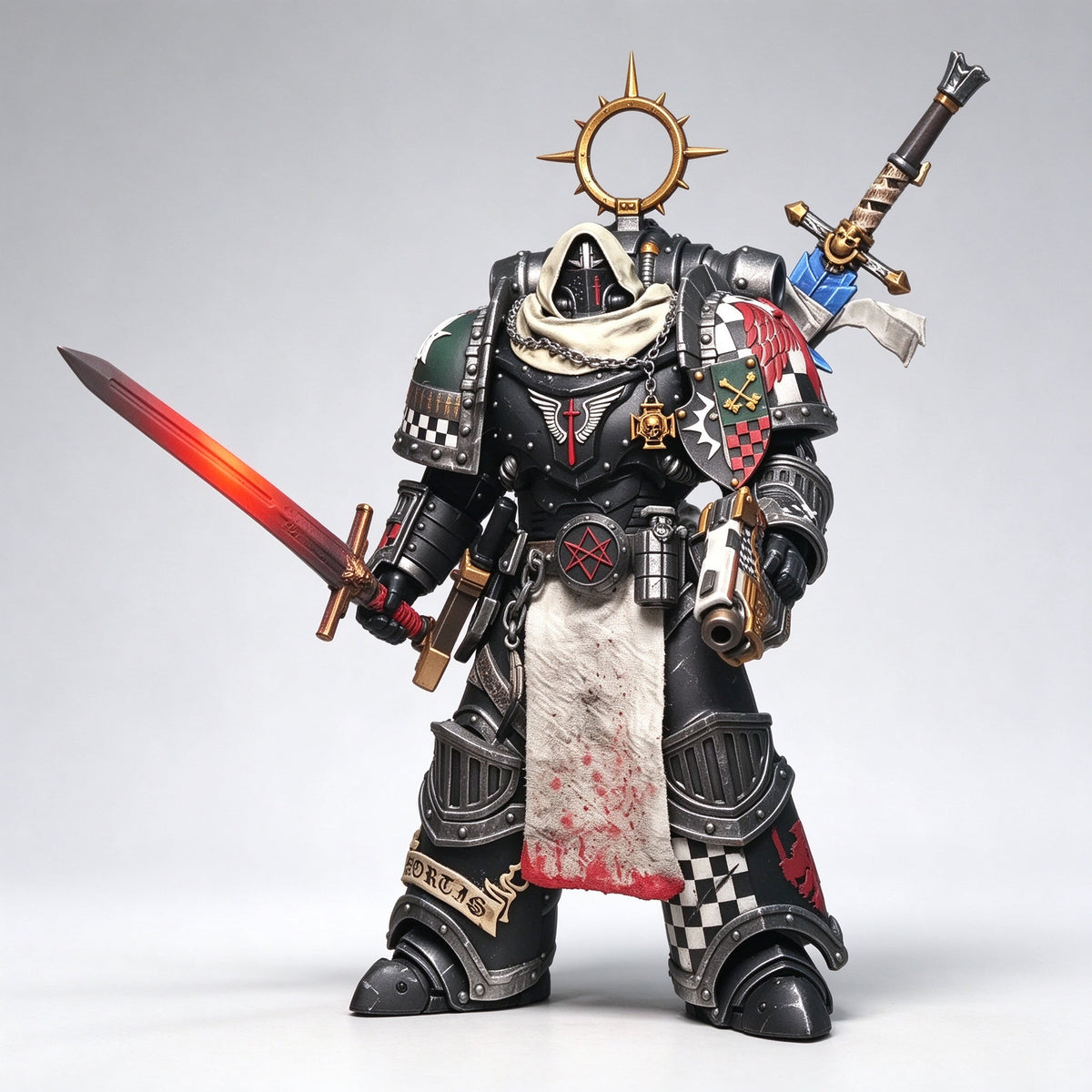 Custom 1/18 Dark Angels Calibanite Knight Veteran (Dual Flame/Ice Power Swords & Relic Shield) - Image 3