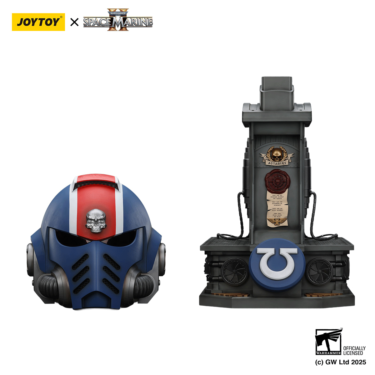 JOYTOY Warhammer 40K Space Marine 2 Ultramarines Lieutenant Titus' MkX Helmet &amp; Display Stand figure
